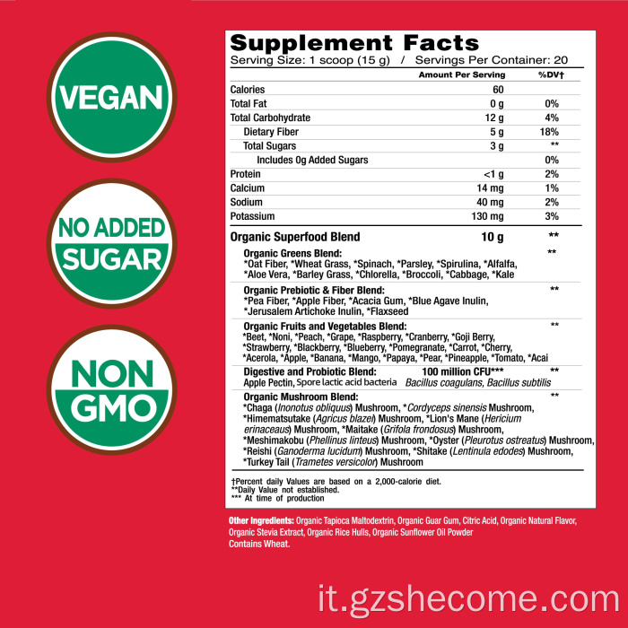 Funghi di polvere di energia organica in polvere Super Greens Berry in polvere